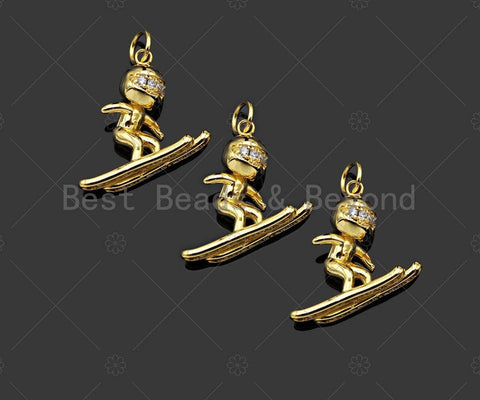 Gold Filled CZ Micro Pave Skiing Shape Pendant, 18K Gold Filled Skiing Charm, Necklace Bracelet Charm Pendant, 18x15mm,Sku#Y470