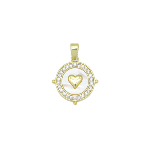 Clear CZ Around Gold Heart On Round Coin Charm Pendant, Sku#LX758